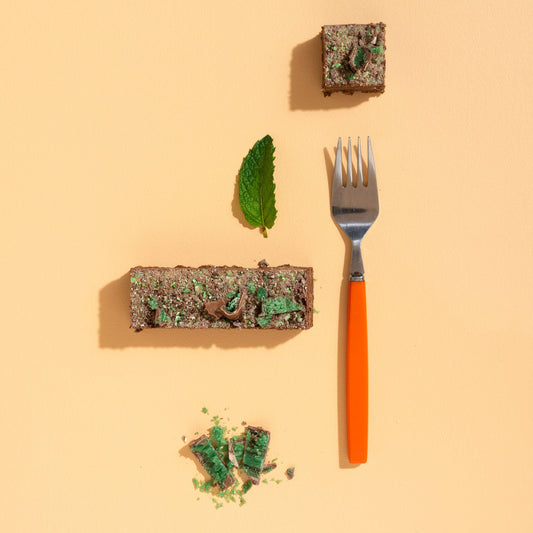 Fork with a piece of cake and a leaf on a beige background